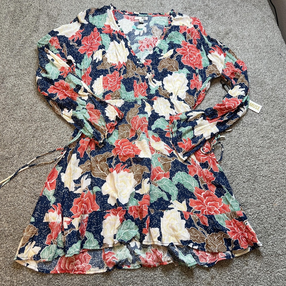 Amuse Society Dress Womens Small Floral Long Sleeve Wrap V-Neck Boho
